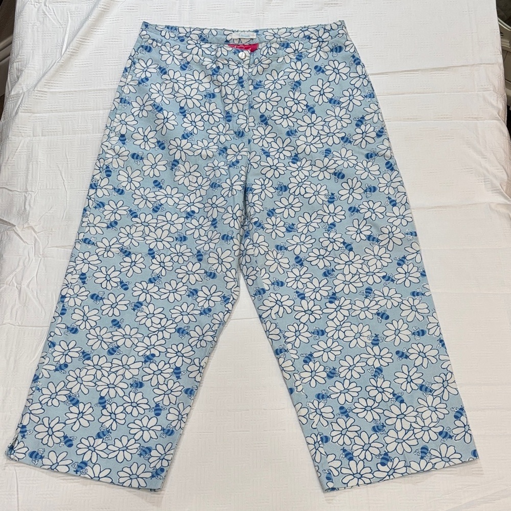 Vintage Pappagallo Capris Daisy Flower Bee Barrel Style Legs Sz 16 Blue White
